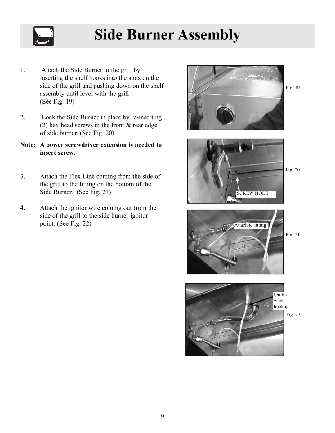 Frigidaire Electric Patio Grill manual Side Burner Assembly 