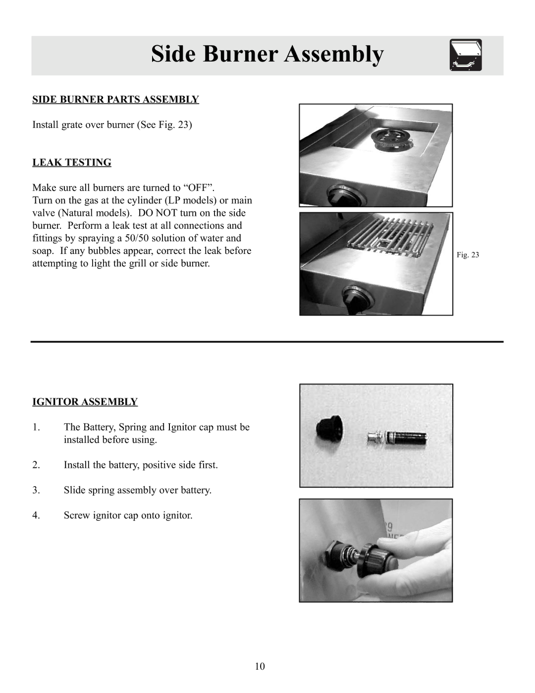 Frigidaire Electric Patio Grill manual Side Burner Parts Assembly 