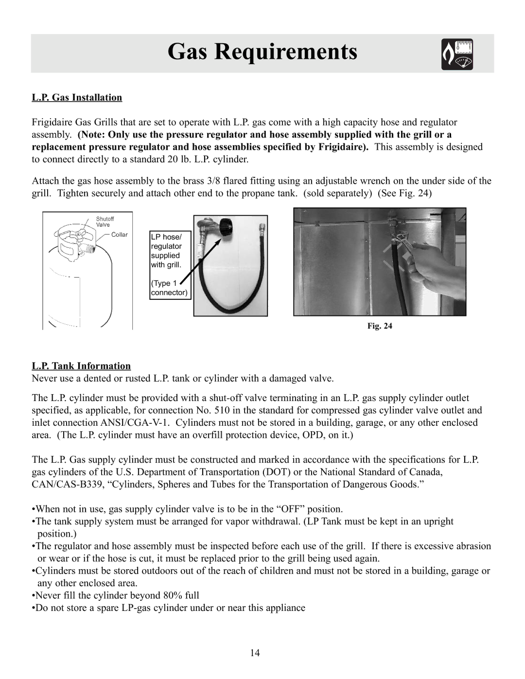 Frigidaire Electric Patio Grill manual Gas Installation, Tank Information 