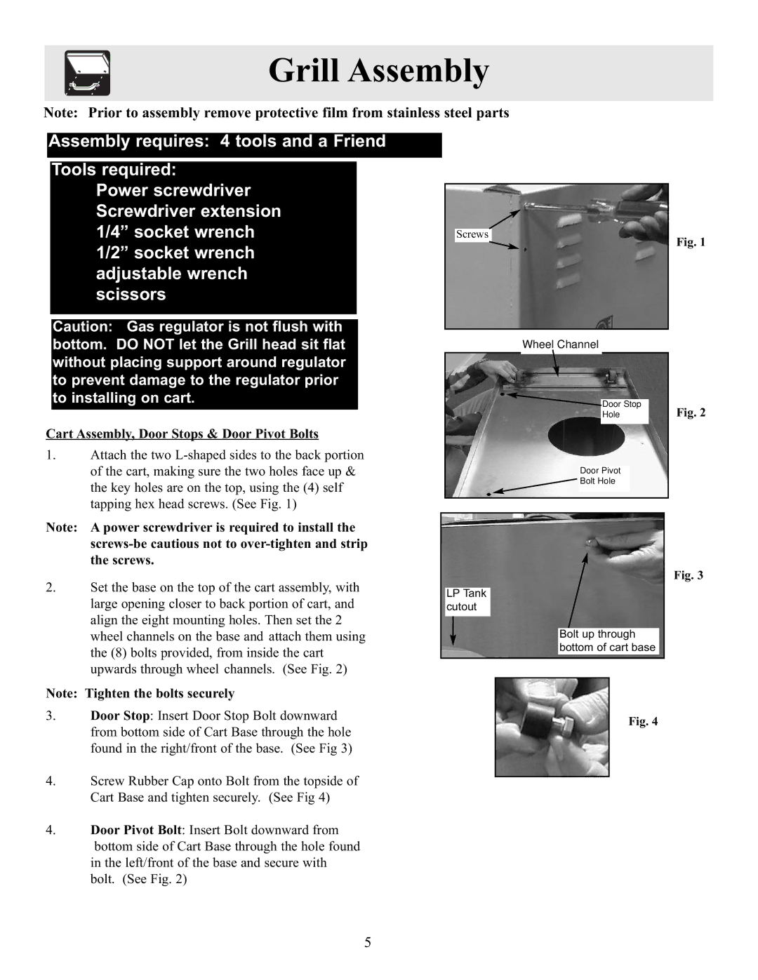 Frigidaire Electric Patio Grill manual Grill Assembly, Cart Assembly, Door Stops & Door Pivot Bolts 