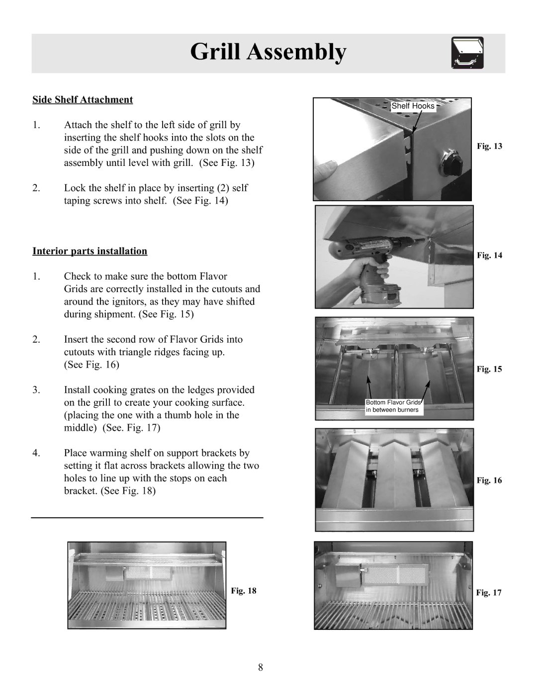 Frigidaire Electric Patio Grill manual Side Shelf Attachment, Interior parts installation 