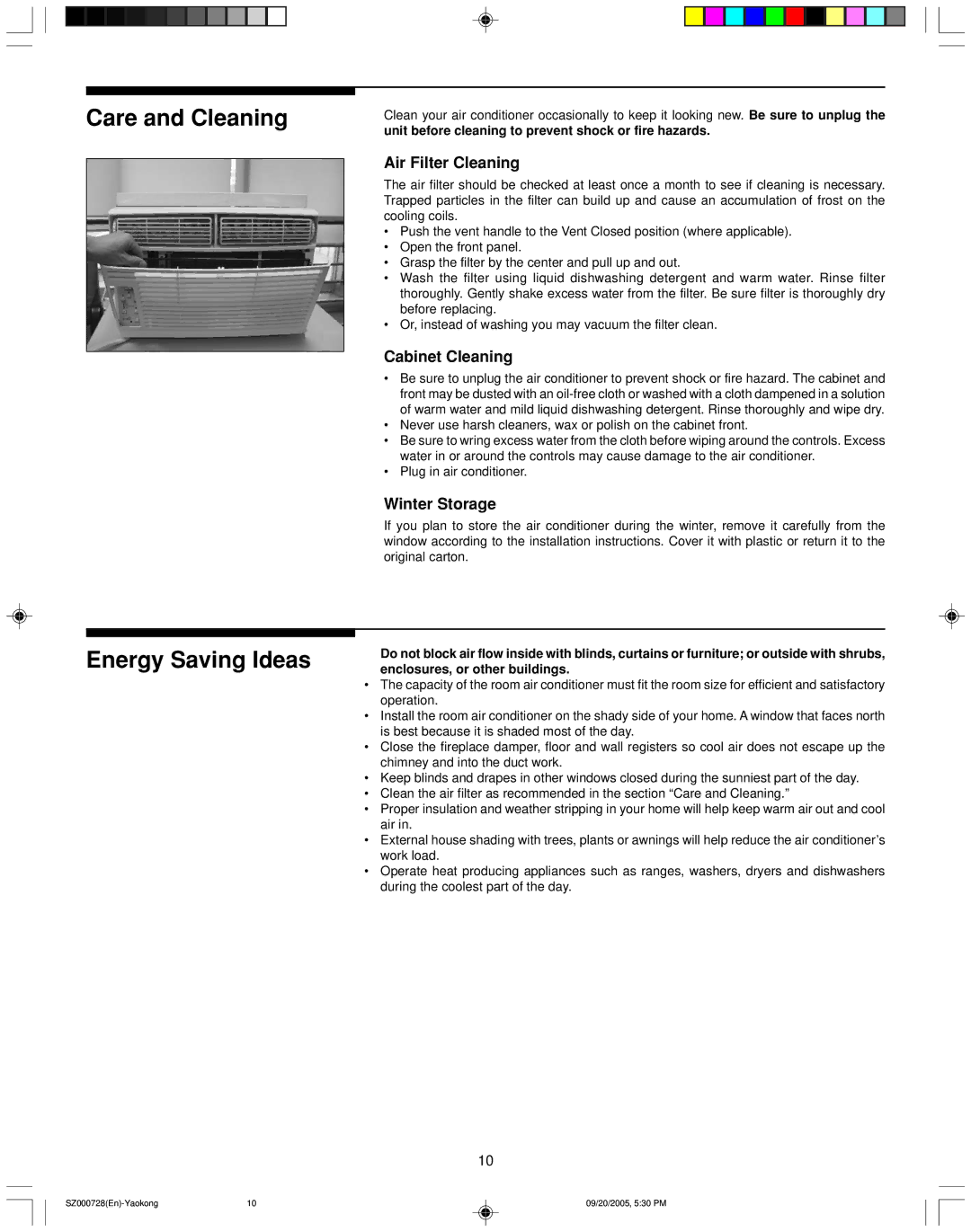 Frigidaire ELECTRONIC CONTROL AIR CONDITIONER Care and Cleaning Energy Saving Ideas, Air Filter Cleaning, Cabinet Cleaning 