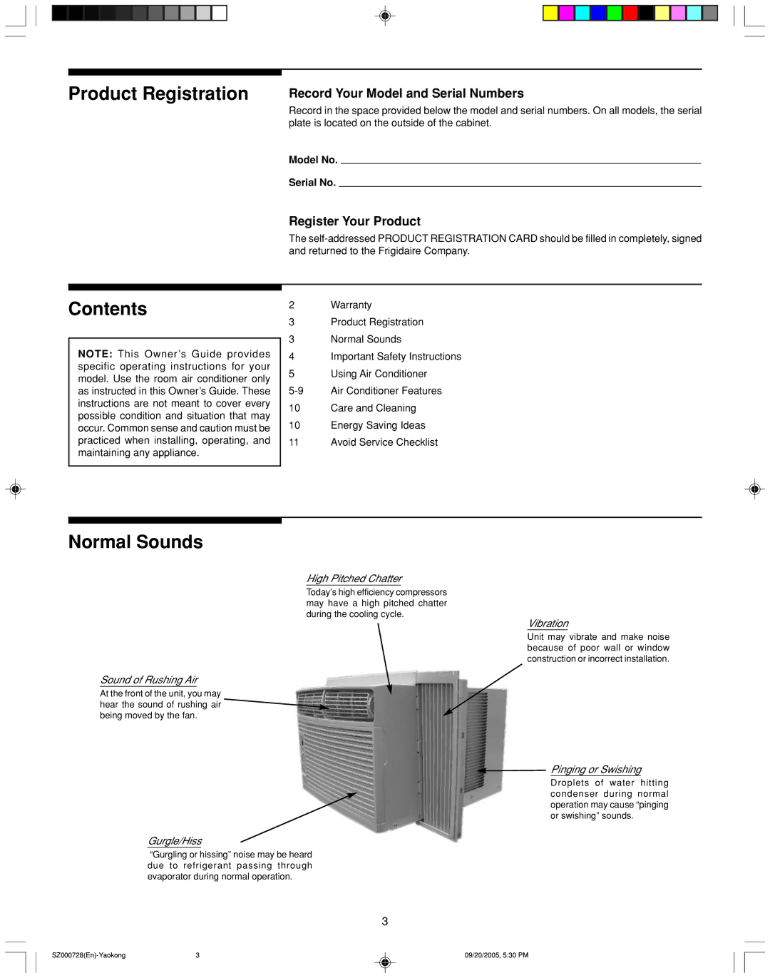 Frigidaire ELECTRONIC CONTROL AIR CONDITIONER manual Product Registration, Contents, Normal Sounds 