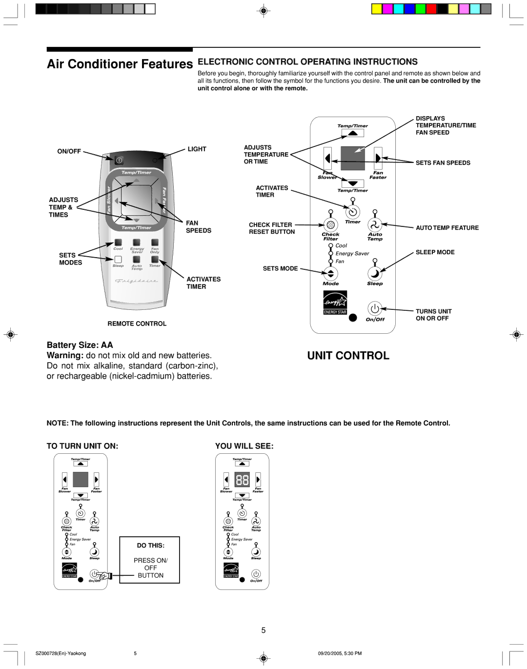 Frigidaire ELECTRONIC CONTROL AIR CONDITIONER manual Battery Size AA, ON/OFF Adjusts Temp Times 