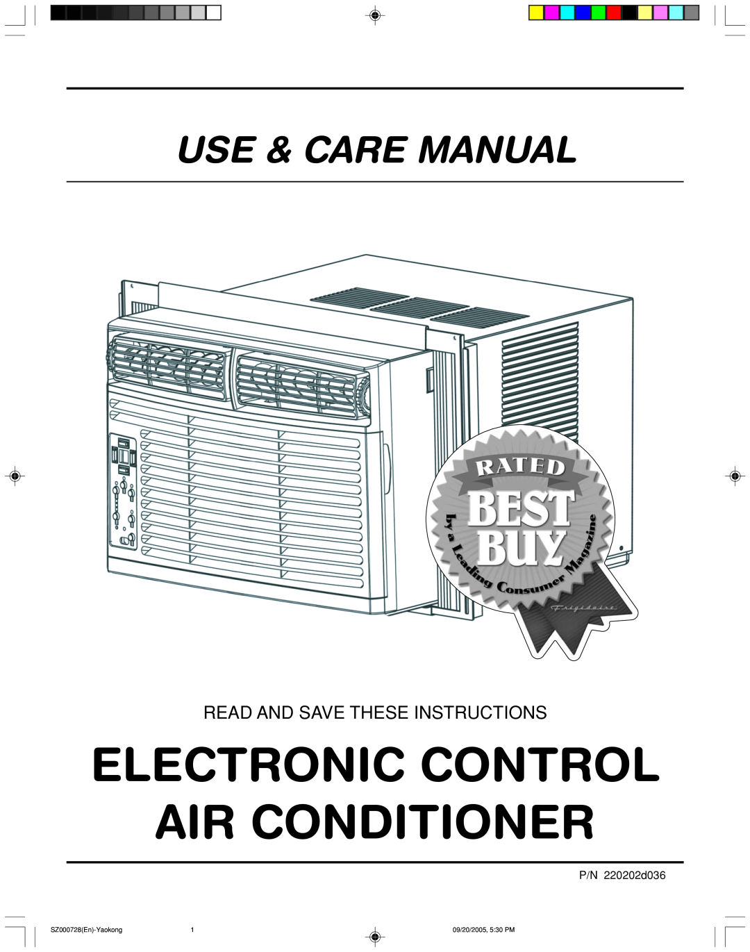 Frigidaire ELECTRONIC CONTROL AIR CONDITIONER manual Electronic Control Air Conditioner, Use & Care Manual, P/N 220202d036 