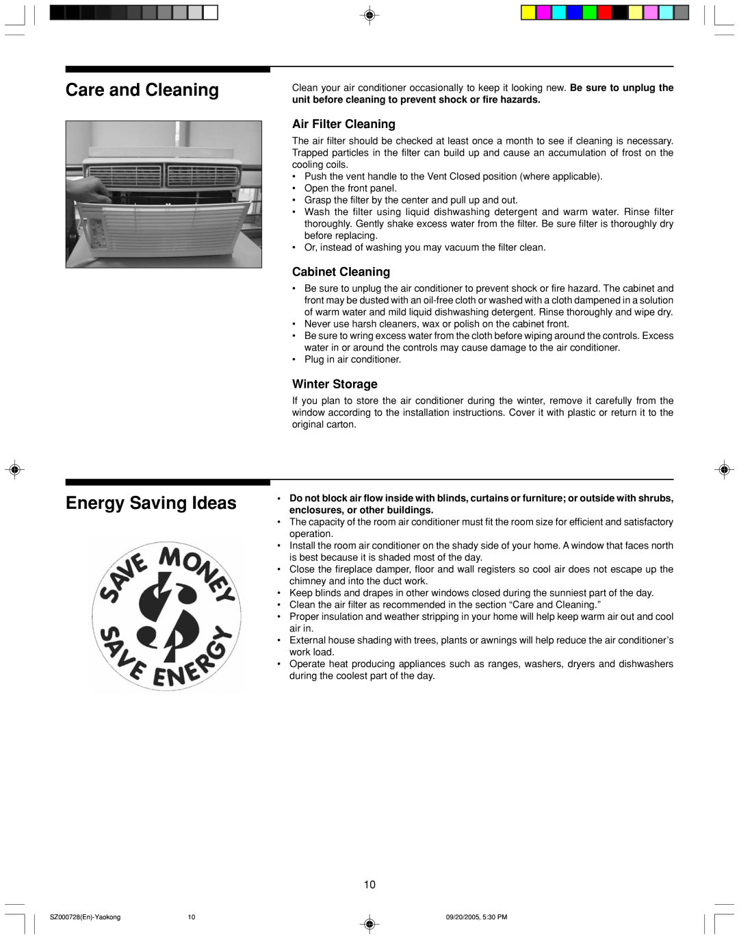 Frigidaire ELECTRONIC CONTROL AIR CONDITIONER Care and Cleaning Energy Saving Ideas, Air Filter Cleaning, Cabinet Cleaning 