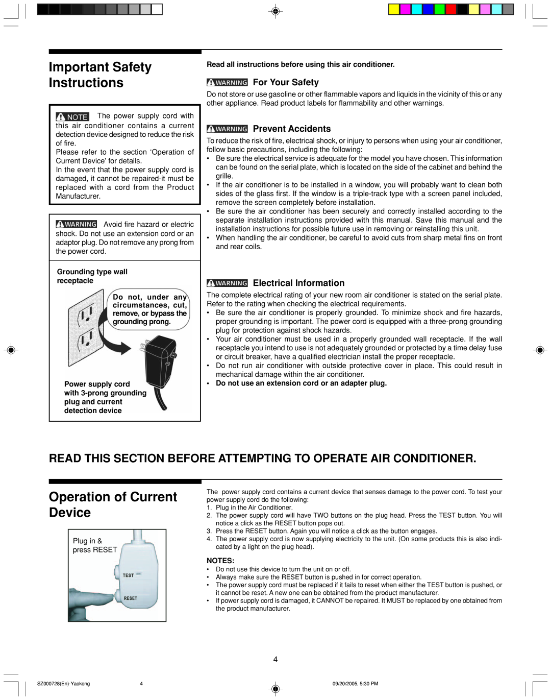 Frigidaire ELECTRONIC CONTROL AIR CONDITIONER Important Safety Instructions, Operation of Current Device, For Your Safety 