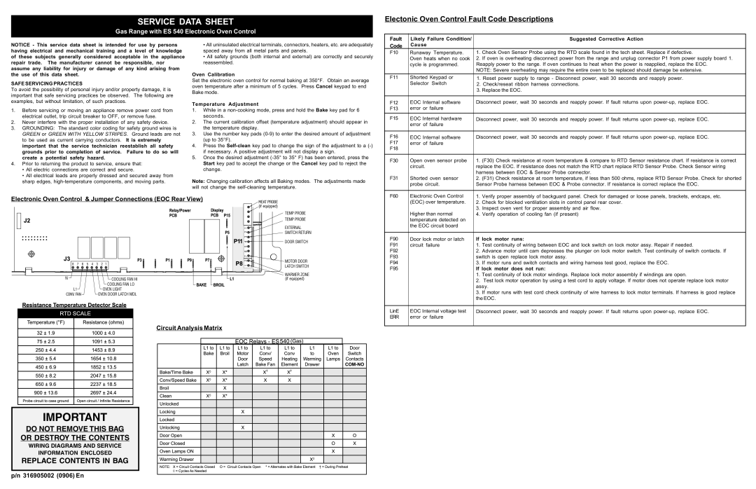 Frigidaire 316905002, ES 540 manual Service Data Sheet, Safe Servicing Practices 