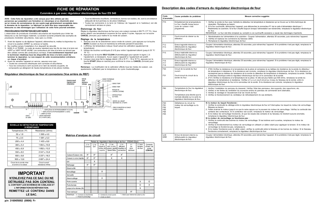 Frigidaire 316905002, ES 540 manual Fiche DE Réparation, Procédures D’ENTRETIEN Sécuritaires, Étalonnage du four 