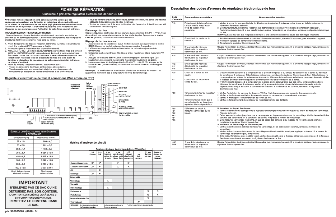 Frigidaire 316905002, ES 540 manual Fiche De Réparation, Description des codes d’erreurs du régulateur électronique de four 