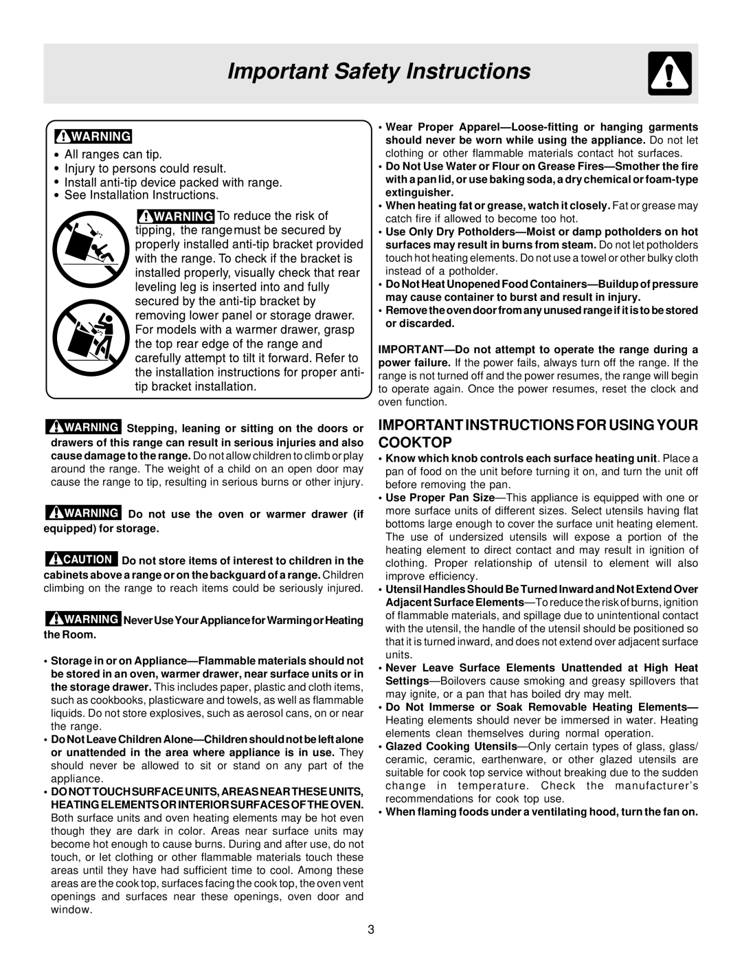 Frigidaire ES100 important safety instructions Important Instructions for Using Your Cooktop 