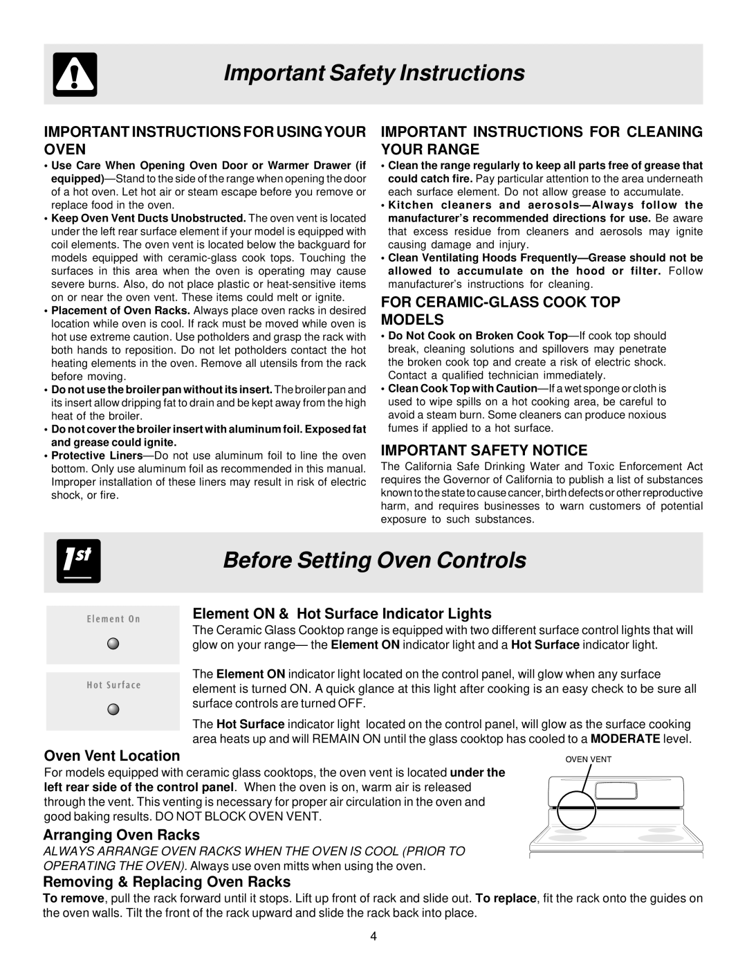 Frigidaire ES100 Before Setting Oven Controls, Element on & Hot Surface Indicator Lights, Oven Vent Location 