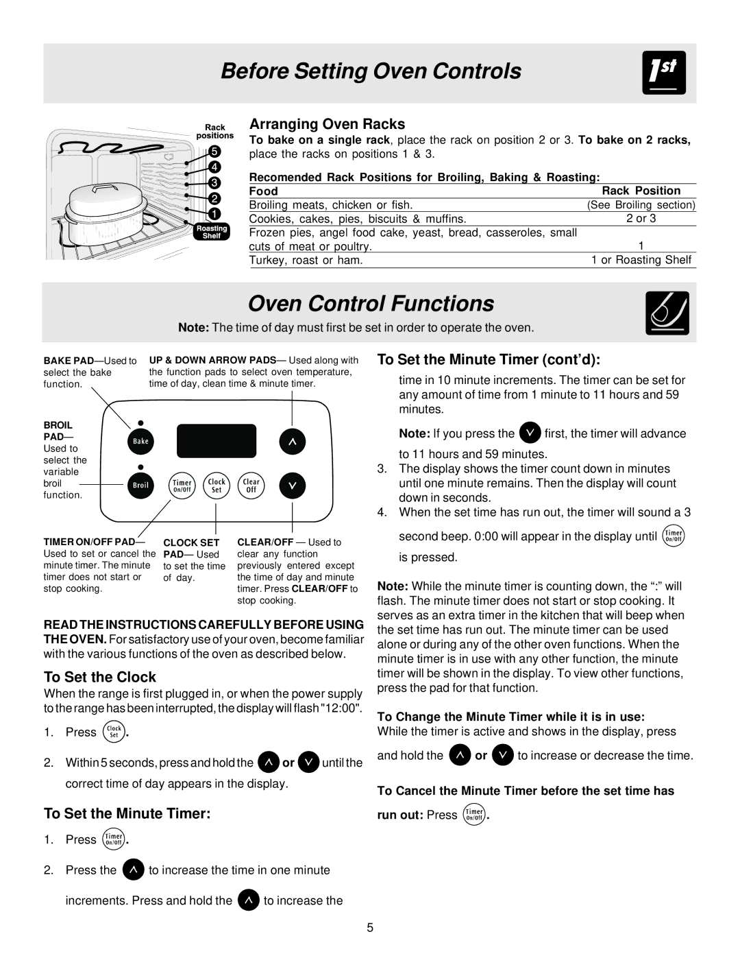 Frigidaire ES100 important safety instructions Oven Control Functions, To Set the Minute Timer cont’d, To Set the Clock 