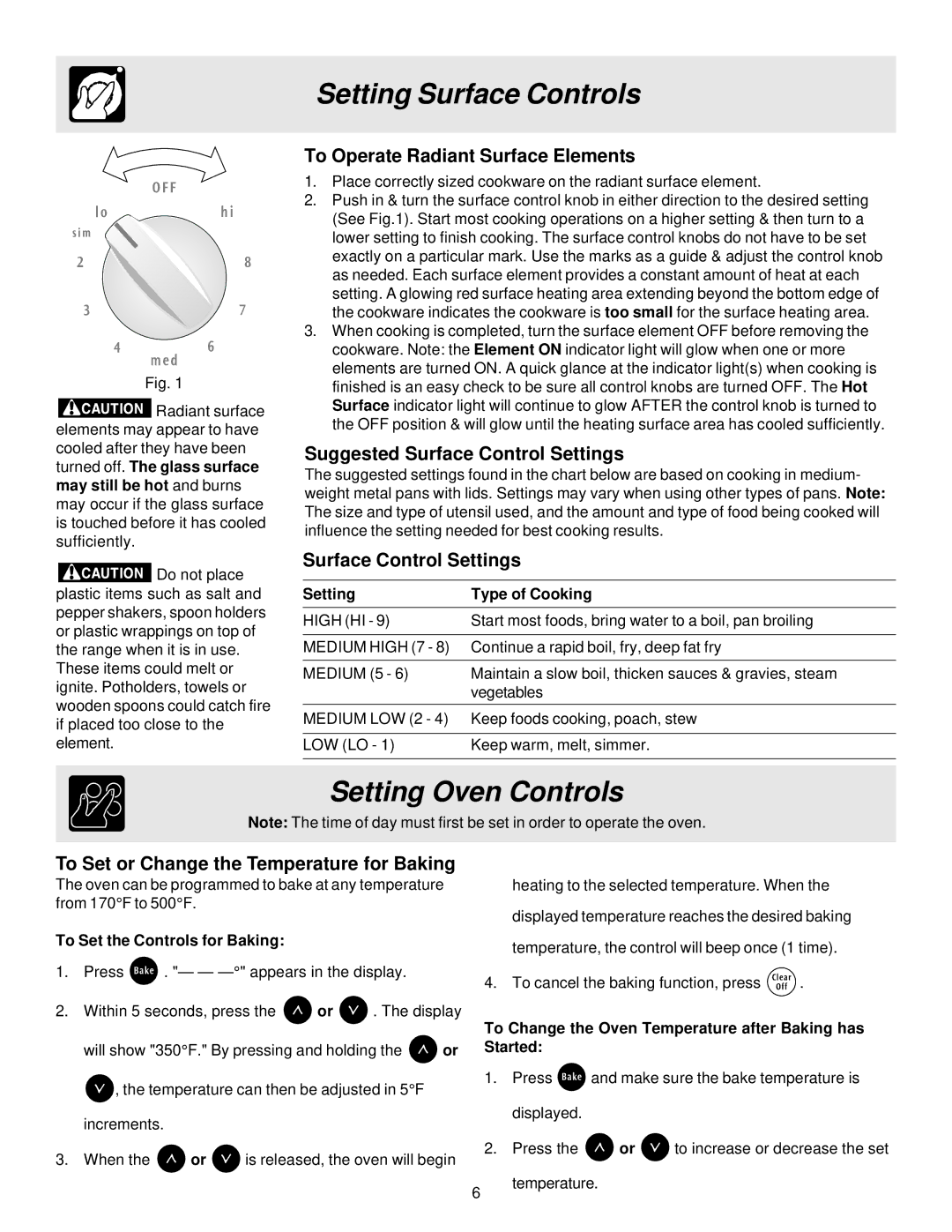 Frigidaire ES100 important safety instructions Setting Surface Controls, Setting Oven Controls 