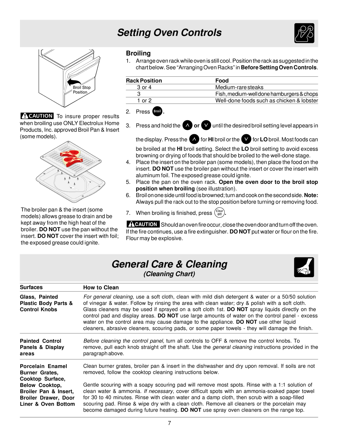 Frigidaire ES100 important safety instructions General Care & Cleaning, Broiling, Rack Position Food 