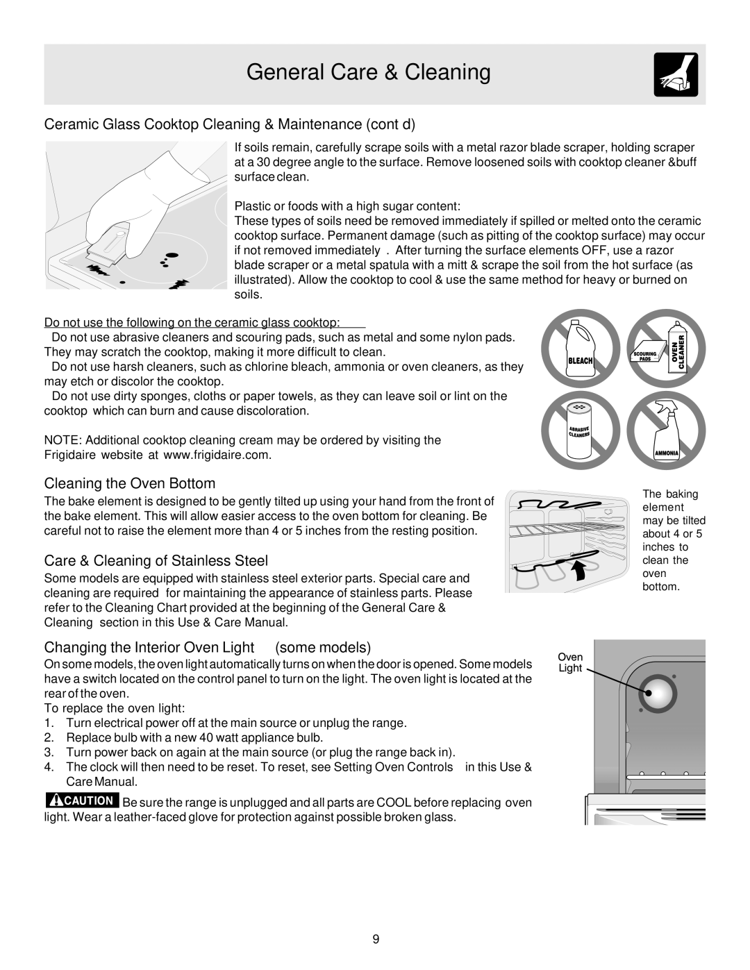 Frigidaire ES100 Ceramic Glass Cooktop Cleaning & Maintenance cont’d, Cleaning the Oven Bottom 