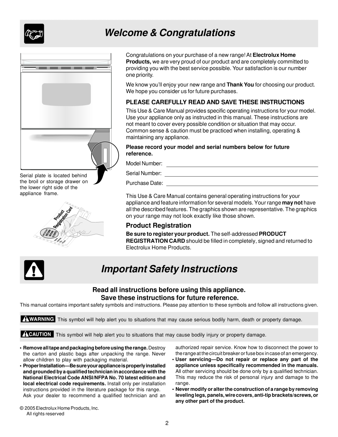 Frigidaire ES100 Welcome & Congratulations, Important Safety Instructions, Product Registration 