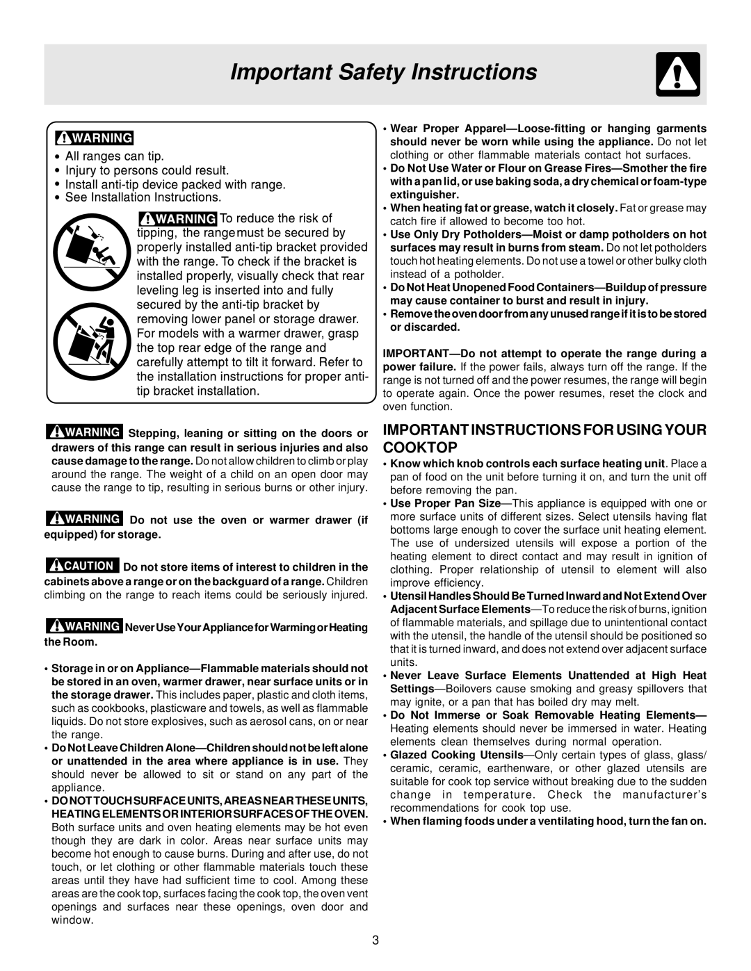 Frigidaire ES100 important safety instructions Important Instructions For Using Your Cooktop, Important Safety Instructions 
