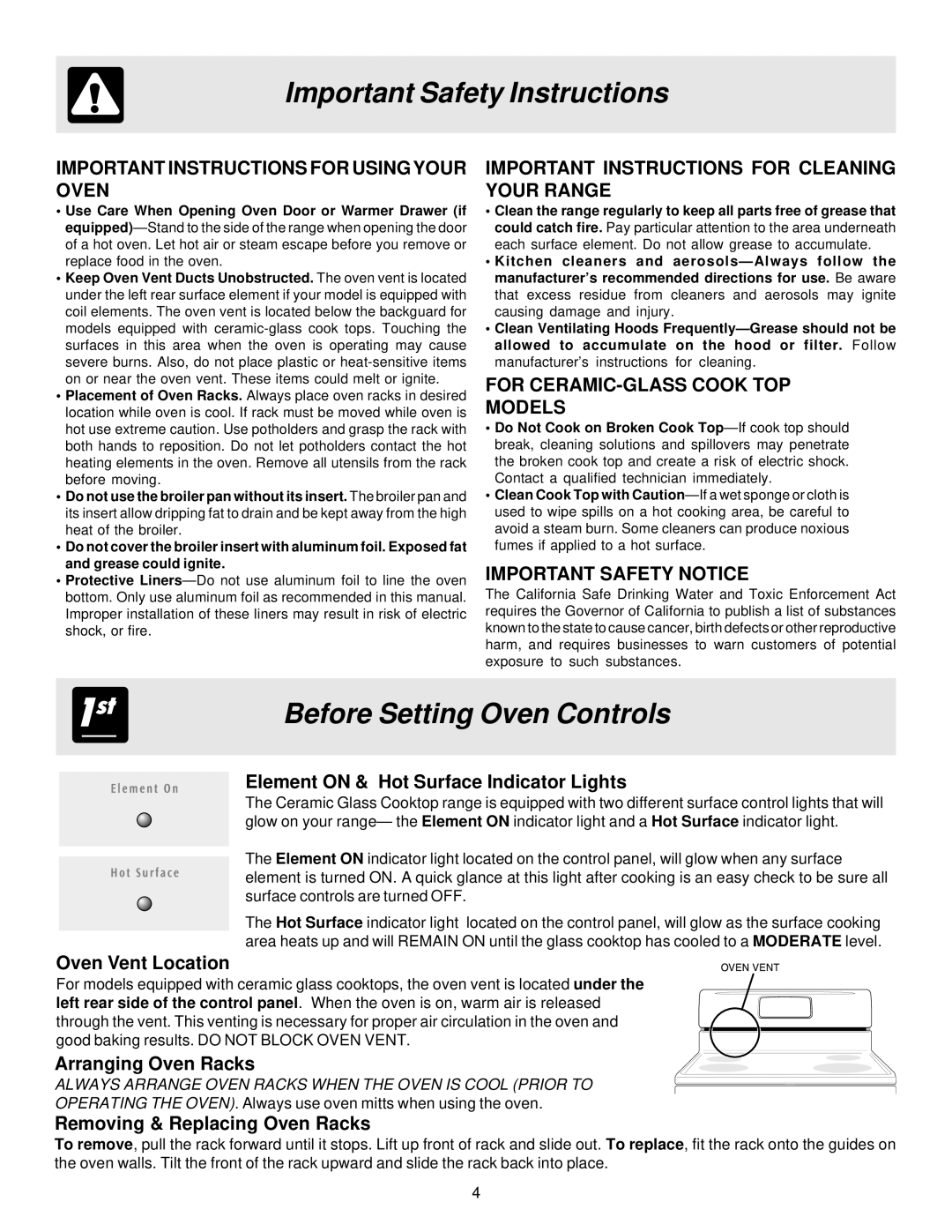 Frigidaire ES100 Before Setting Oven Controls, Important Instructions For Usingyour Oven, Important Safety Notice 