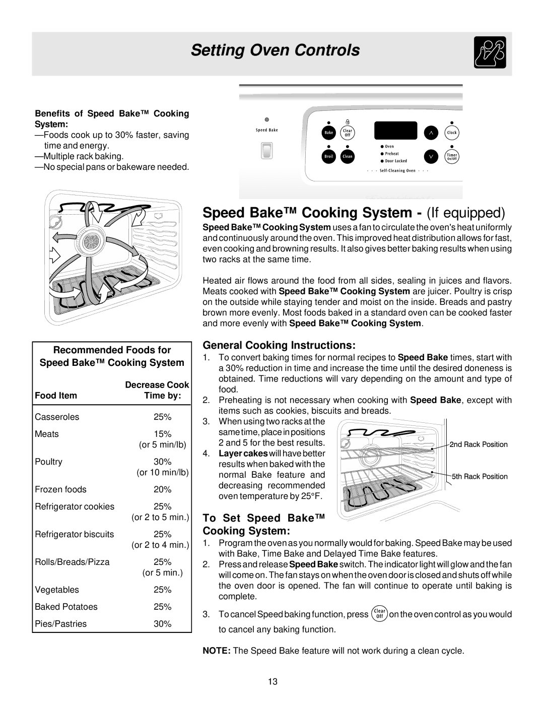 Frigidaire ES200/300 General Cooking Instructions, To Set Speed Bake Cooking System, Benefits of Speed Bake Cooking System 