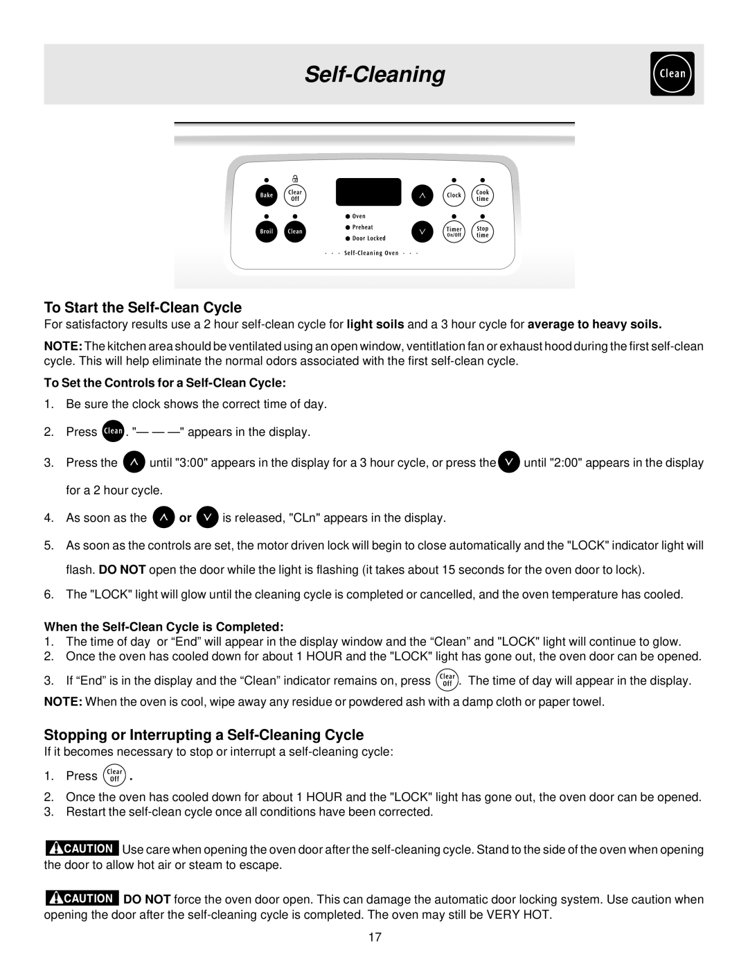 Frigidaire ES200/300 manual To Start the Self-Clean Cycle, Stopping or Interrupting a Self-Cleaning Cycle 