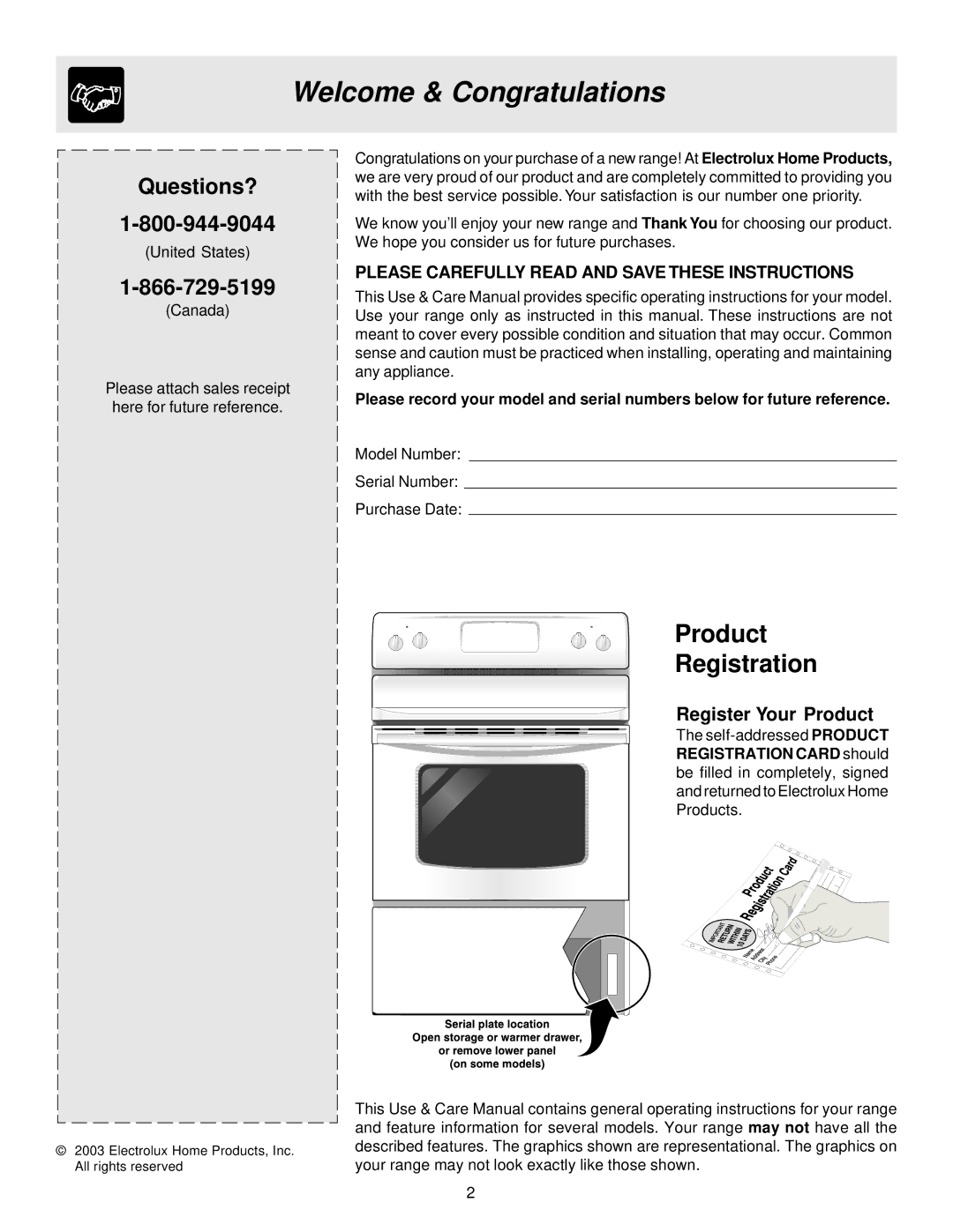 Frigidaire ES200/300 manual Welcome & Congratulations, Register Your Product 