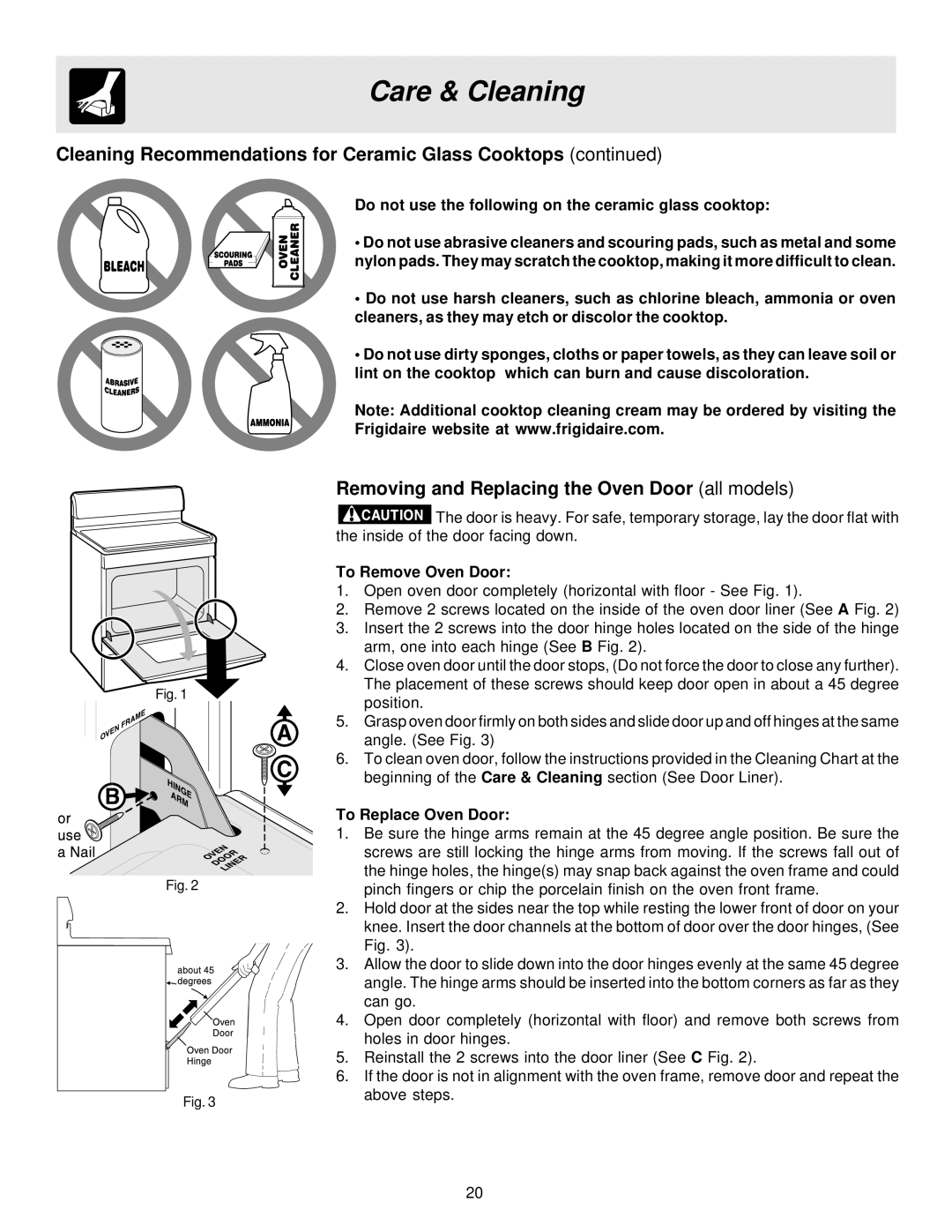 Frigidaire ES200/300 Cleaning Recommendations for Ceramic Glass Cooktops, Removing and Replacing the Oven Door all models 