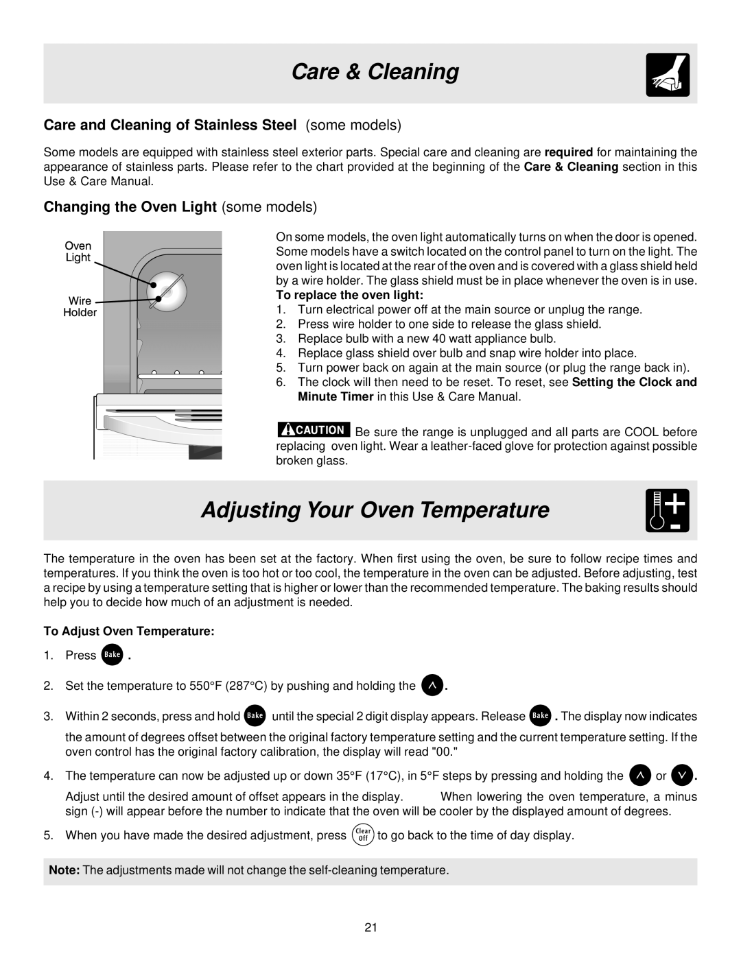 Frigidaire ES200/300 manual Adjusting Your Oven Temperature, Care and Cleaning of Stainless Steel some models 