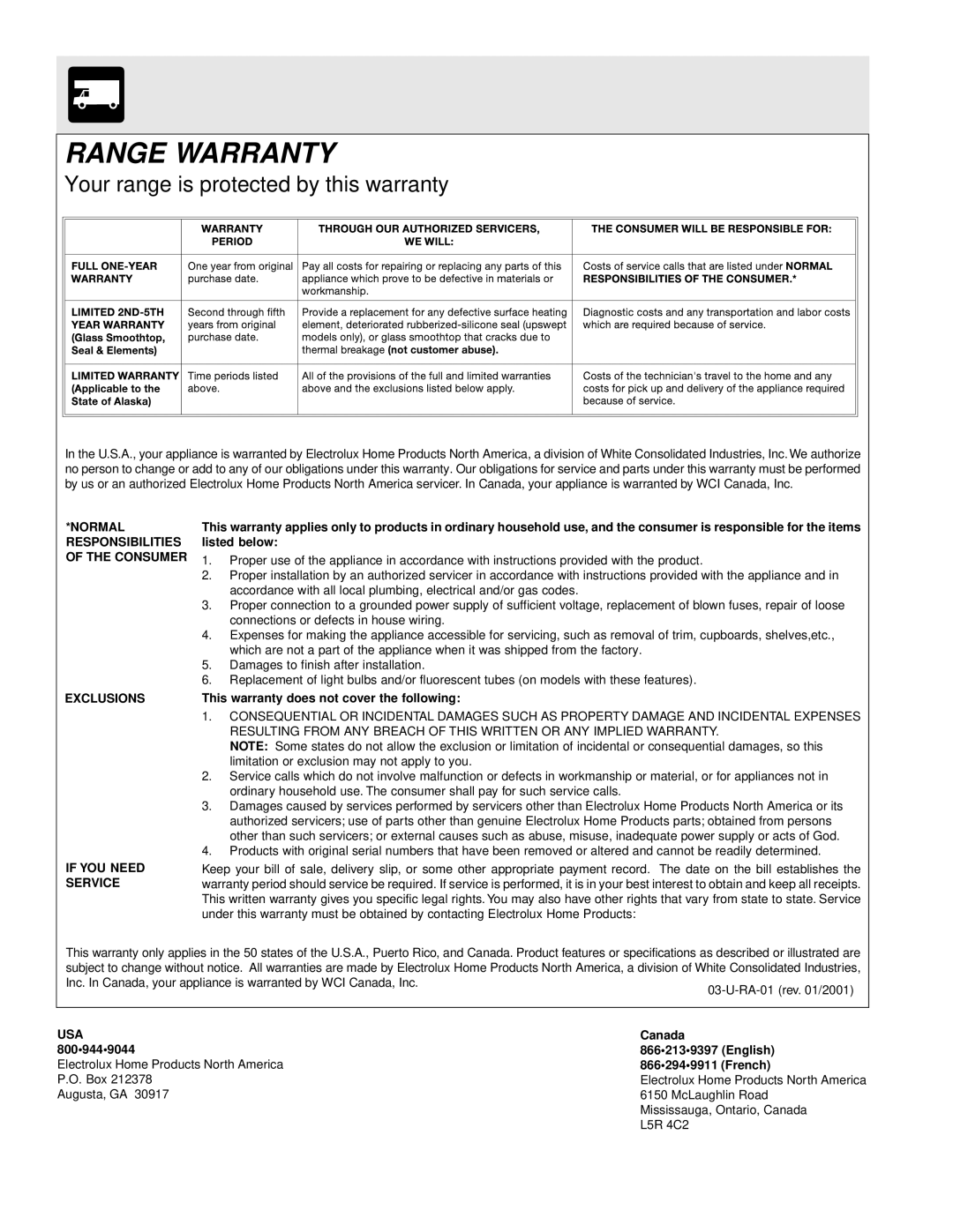 Frigidaire ES200/300 manual Range Warranty 