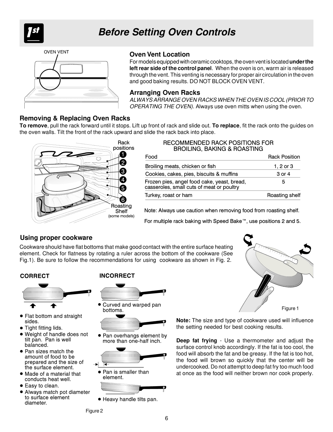 Frigidaire ES200/300 manual Before Setting Oven Controls, Oven Vent Location, Arranging Oven Racks, Using proper cookware 