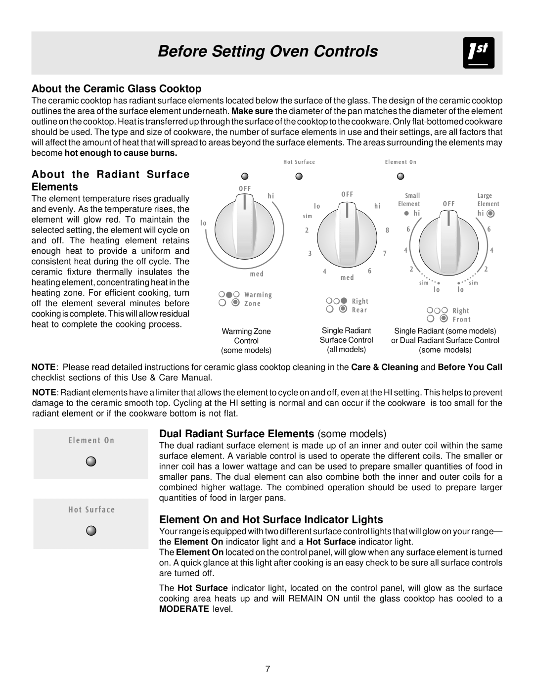 Frigidaire ES200/300 manual About the Ceramic Glass Cooktop, About the Radiant Surface Elements 