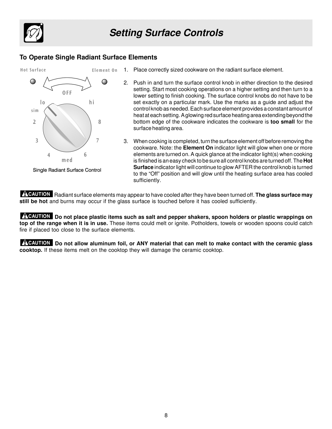 Frigidaire ES200/300 manual Setting Surface Controls, To Operate Single Radiant Surface Elements 