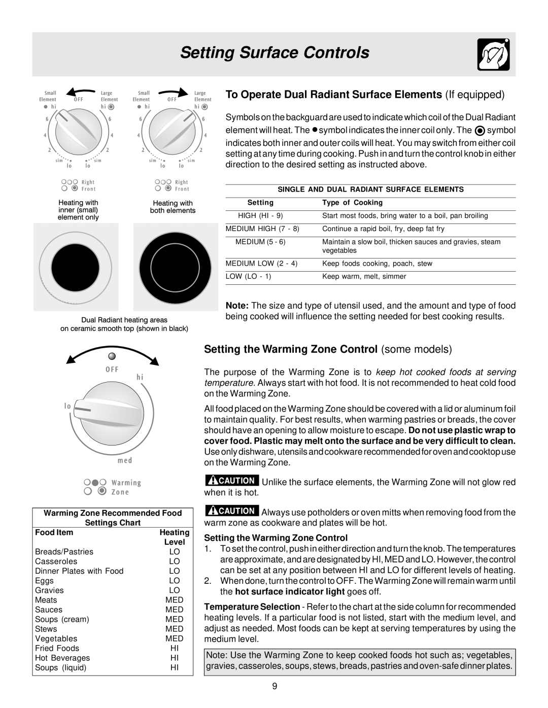 Frigidaire ES200/300 To Operate Dual Radiant Surface Elements If equipped, Setting the Warming Zone Control some models 