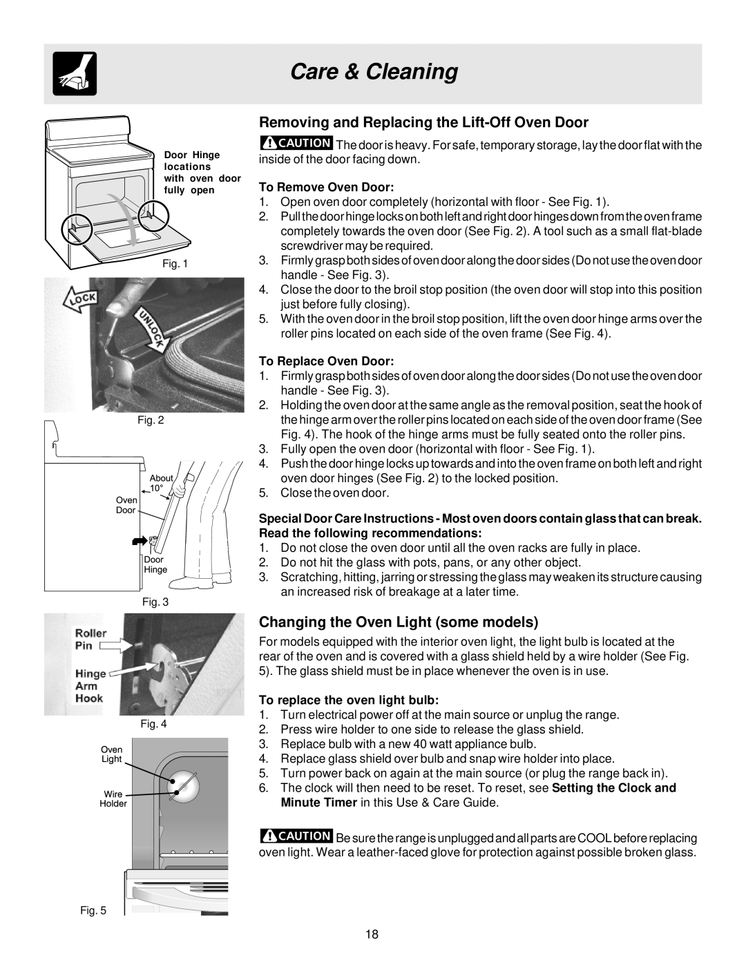 Frigidaire ES300 Removing and Replacing the Lift-Off Oven Door, Changing the Oven Light some models, To Remove Oven Door 