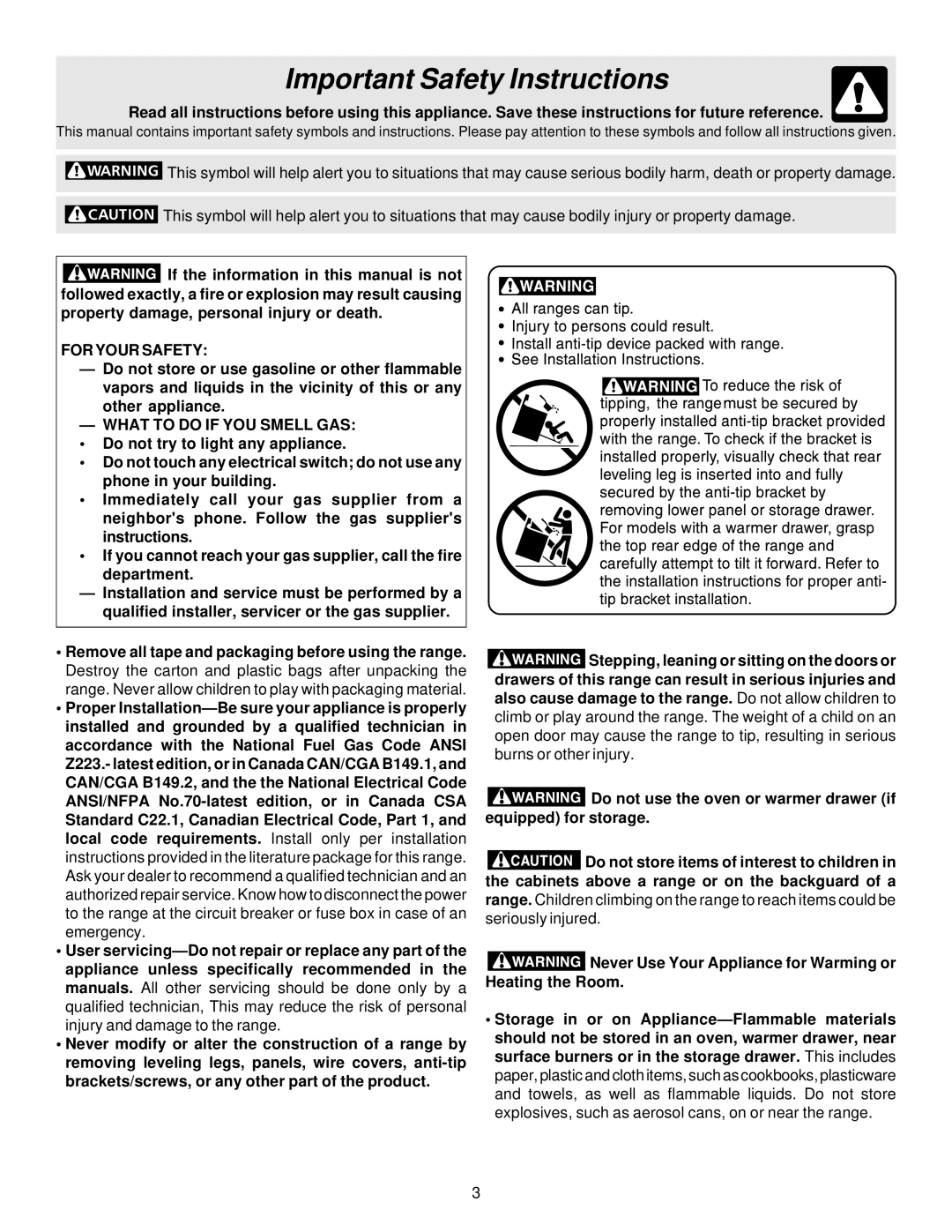 Frigidaire ES300 manual Important Safety Instructions, For Your Safety 