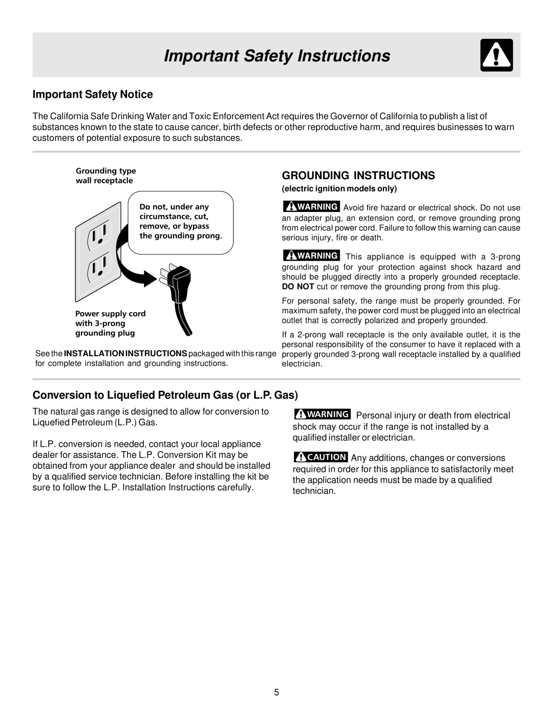 Frigidaire ES300 manual Important Safety Notice, Conversion to Liquefied Petroleum Gas or L.P. Gas 