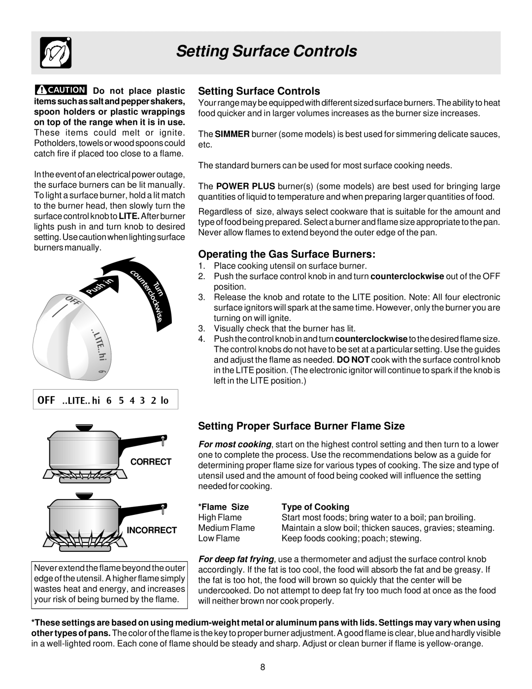 Frigidaire ES300 Setting Surface Controls, Operating the Gas Surface Burners, Setting Proper Surface Burner Flame Size 