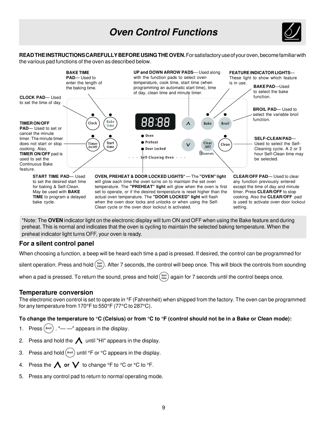 Frigidaire ES300 manual Oven Control Functions, For a silent control panel, Temperature conversion 