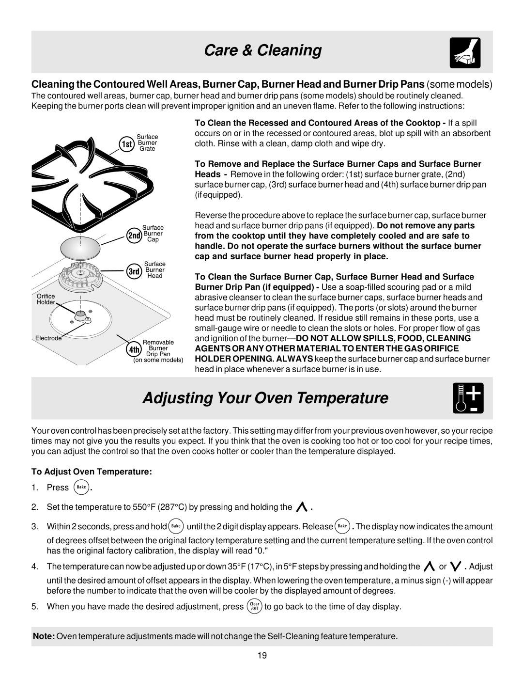 Frigidaire ES300 manual Adjusting Your Oven Temperature, Care & Cleaning 
