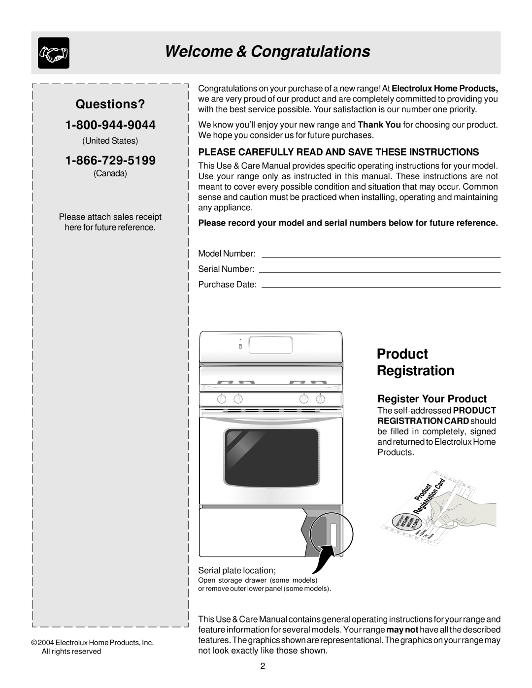 Frigidaire ES300 manual Welcome & Congratulations, Questions?, Register Your Product, Product Registration 
