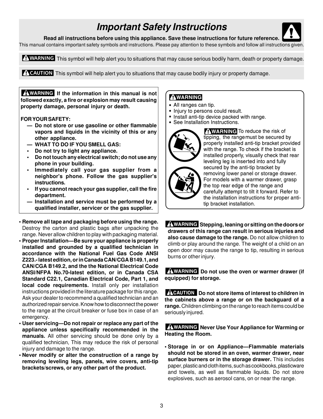 Frigidaire ES300 manual Important Safety Instructions 