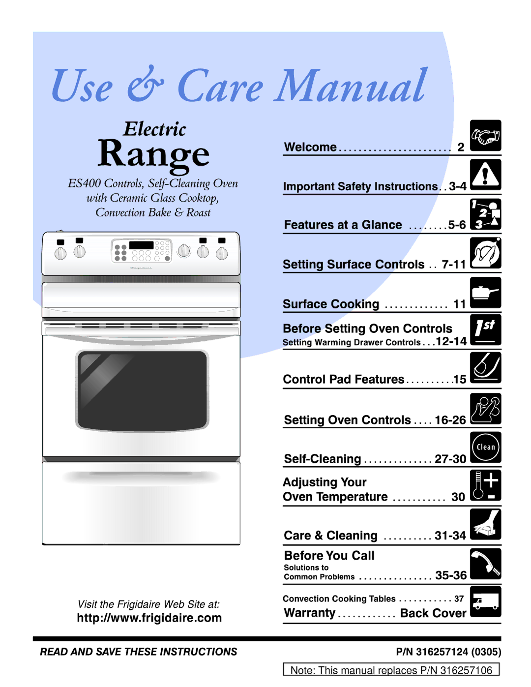 Frigidaire 316257124, ES40 manual 