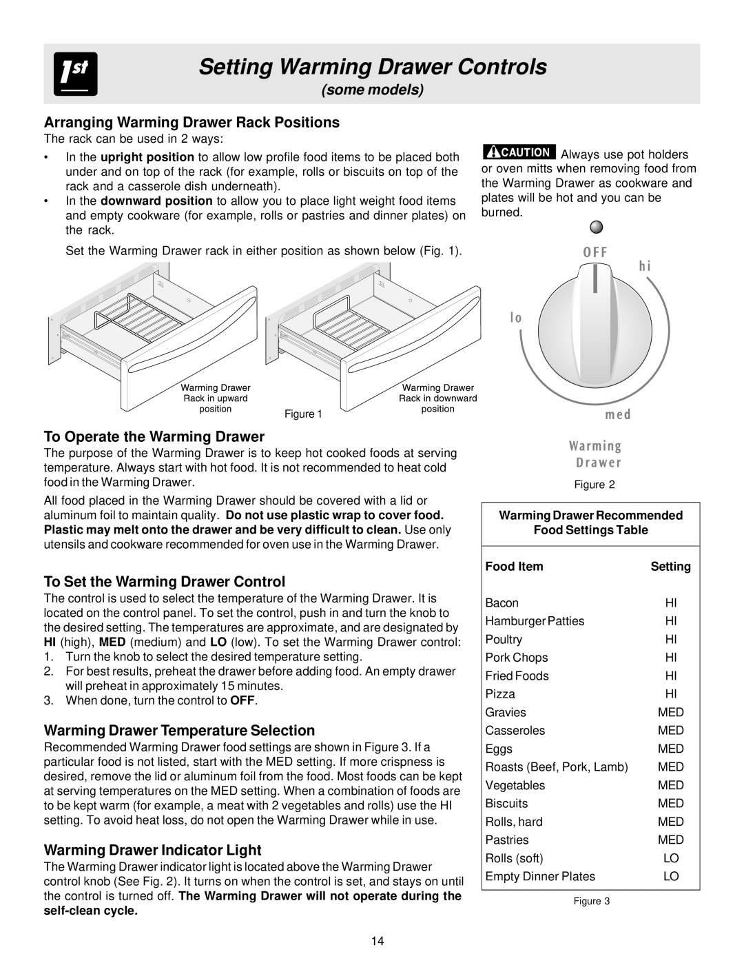 Frigidaire ES40, 316257124 manual Setting Warming Drawer Controls 