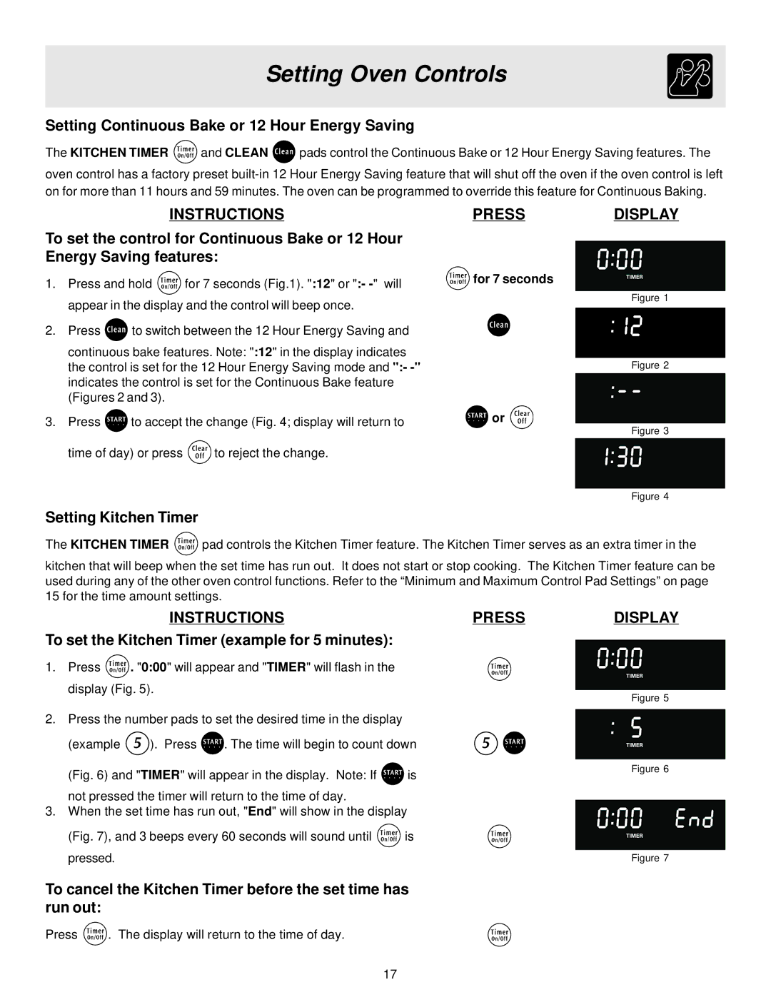 Frigidaire 316257124, ES40 manual Setting Continuous Bake or 12 Hour Energy Saving, Setting Kitchen Timer, For 7 seconds 