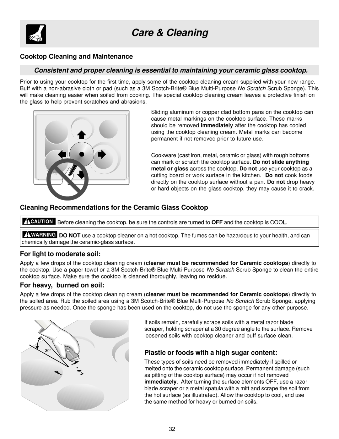 Frigidaire ES40, 316257124 manual Cooktop Cleaning and Maintenance, Cleaning Recommendations for the Ceramic Glass Cooktop 