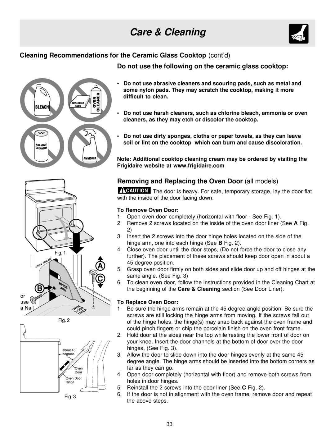 Frigidaire 316257124, ES40 manual Removing and Replacing the Oven Door all models, To Remove Oven Door, To Replace Oven Door 