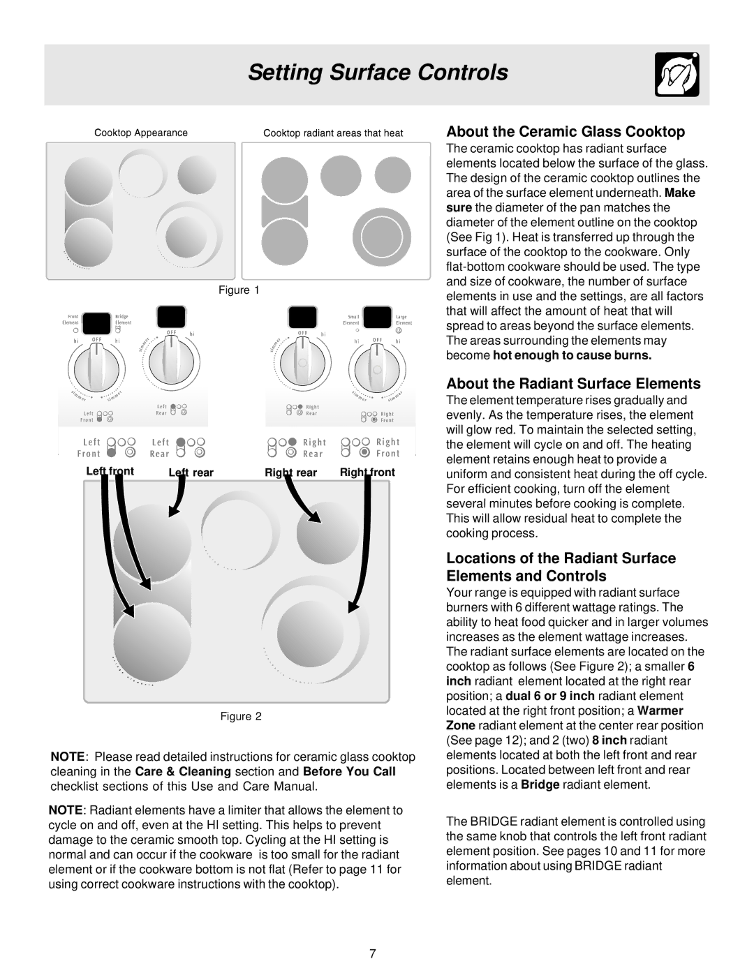 Frigidaire 316257124, ES40 Setting Surface Controls, About the Ceramic Glass Cooktop, About the Radiant Surface Elements 