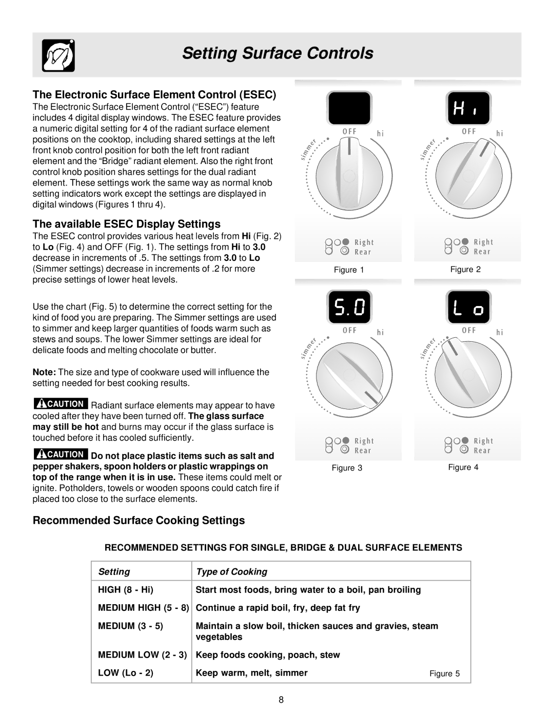 Frigidaire ES40, 316257124 manual Electronic Surface Element Control Esec, Available Esec Display Settings 