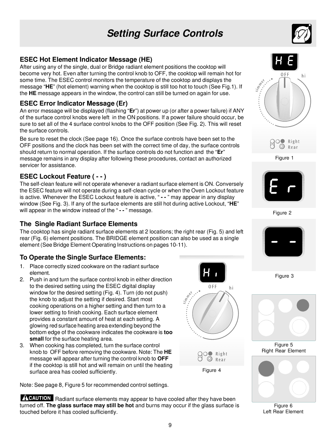 Frigidaire 316257124, ES40 Esec Hot Element Indicator Message HE, Esec Error Indicator Message Er, Esec Lockout Feature 