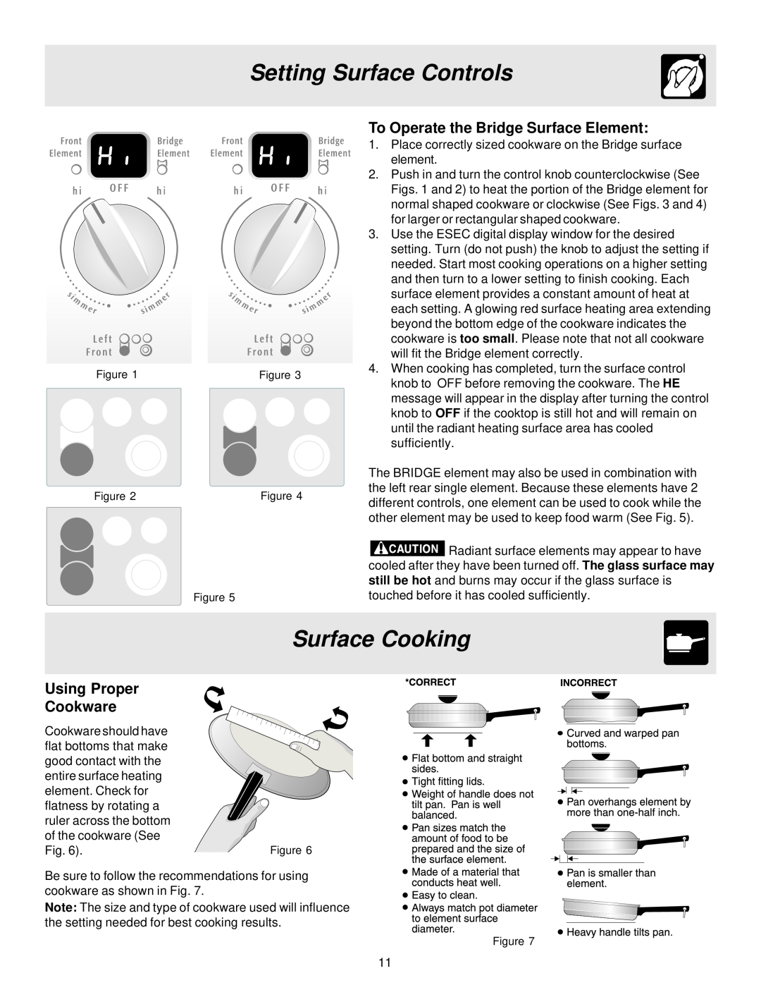 Frigidaire 316257124, ES40 manual Surface Cooking, To Operate the Bridge Surface Element, Using Proper Cookware 
